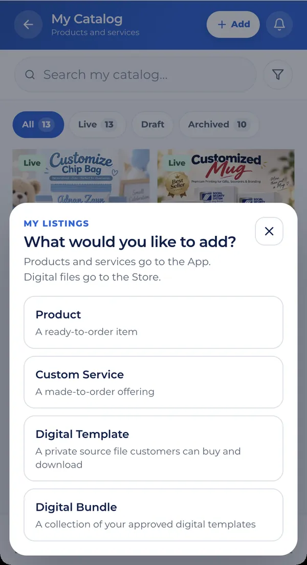 Crafter catalog with the add menu: Product, Custom Service, Digital Template and Digital Bundle.
