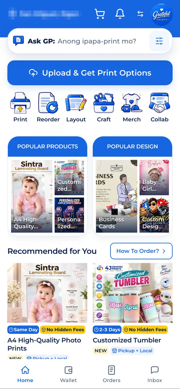 Grateful Prints customer home screen with the Ask GP bar.