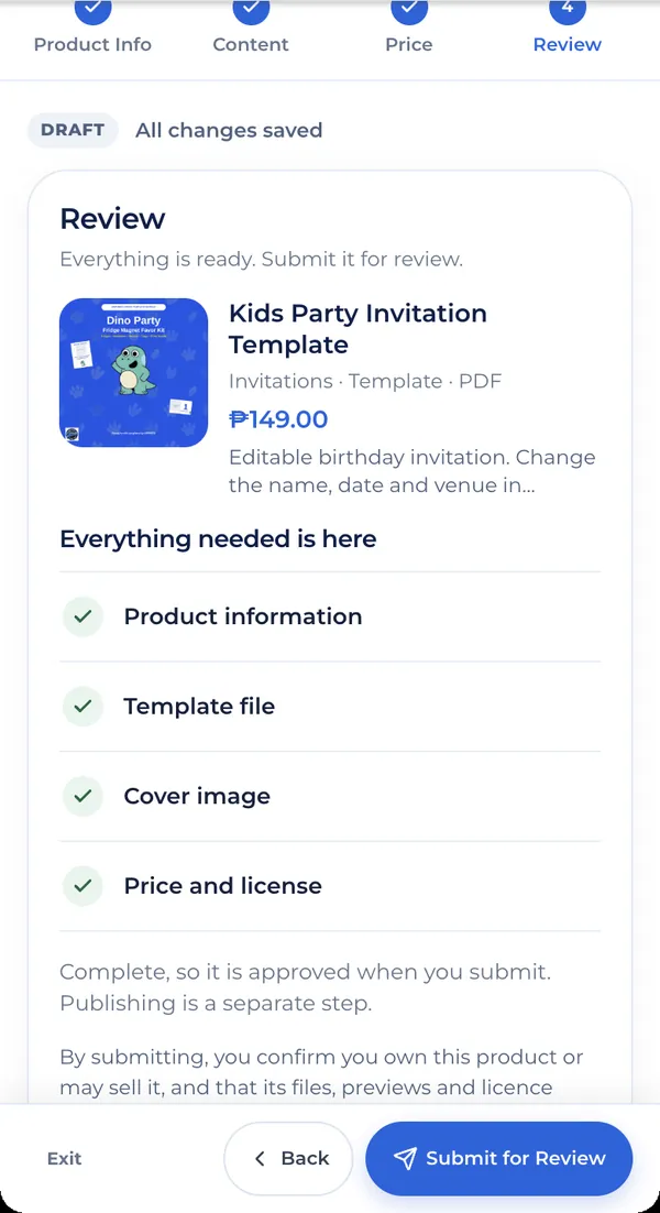 Designer submitting a Kids Party Invitation digital template for review, with product information, template file, cover image, and price and license checked.